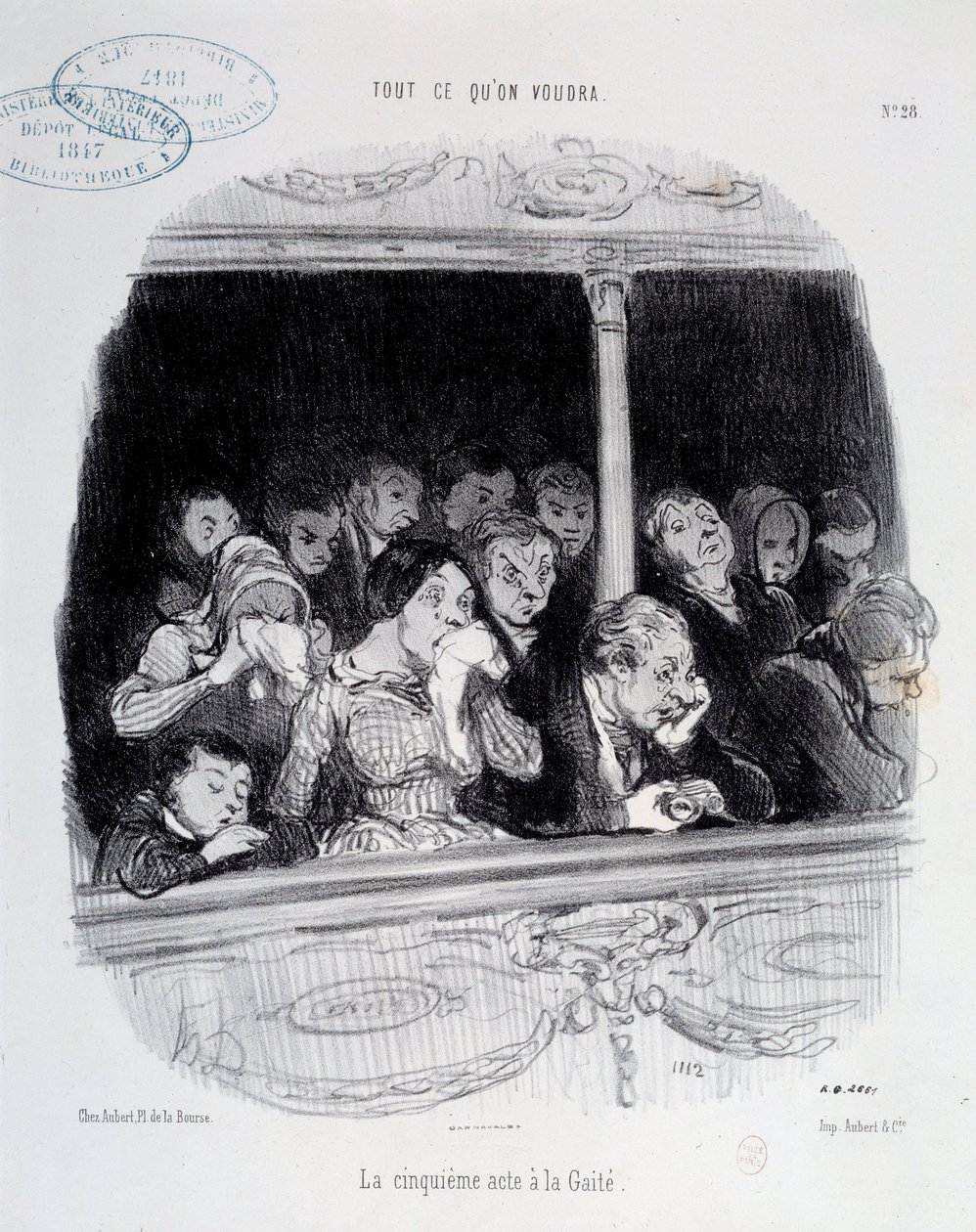 Femte akt har Gaite-udtryk af publikums ansigt under showet (kedsomhed, træthed, desinteret) Karikatur af Honore Daumier (1808-1879). Paris-museet Carnavalet fra det 19. århundrede af Honoré Daumier