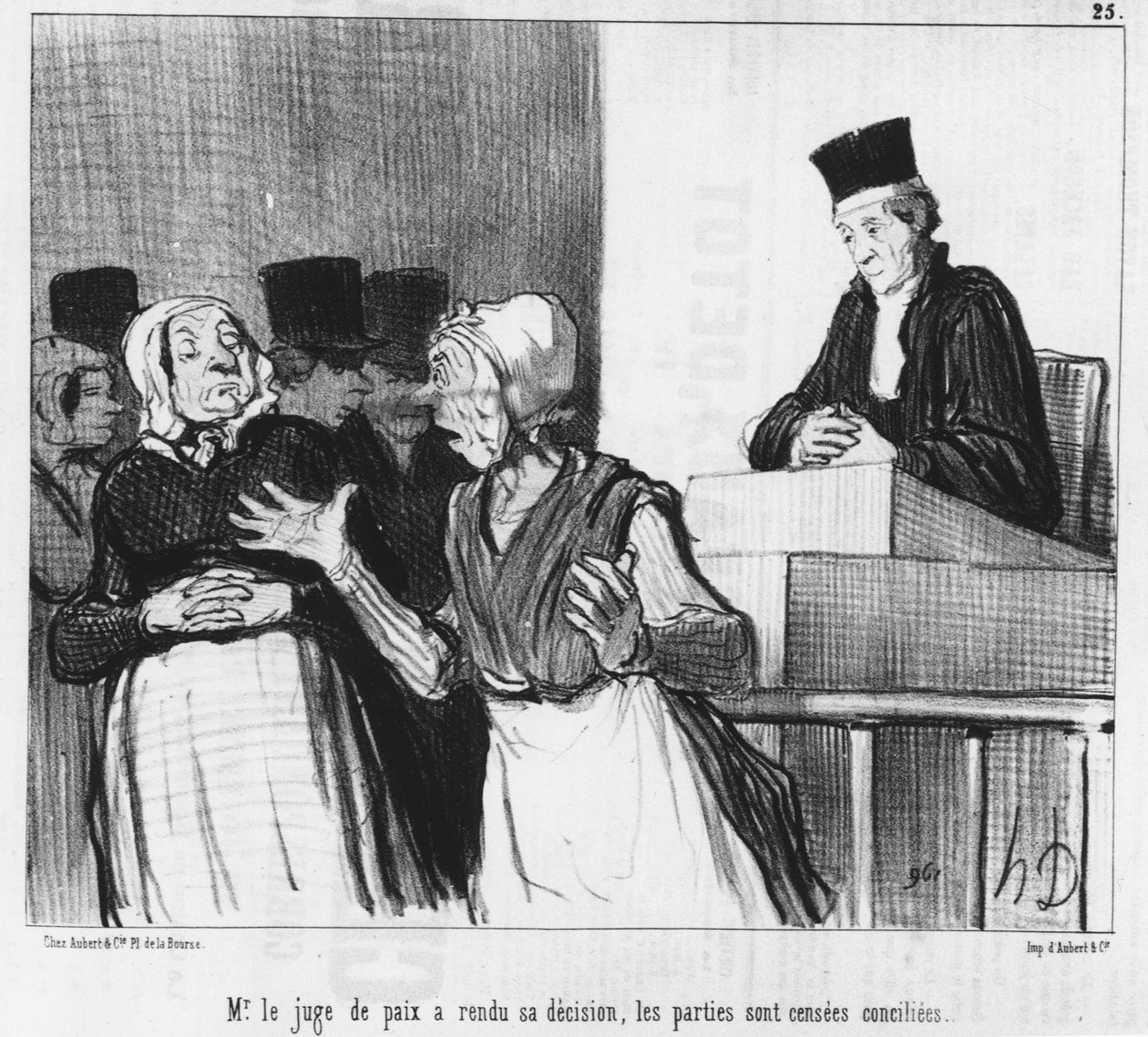 Fredsdommeren har truffet sin afgørelse, parterne formodes at være forsonet..., tegning af Honore Daumier (1808-1879). "Charivari". af Honoré Daumier