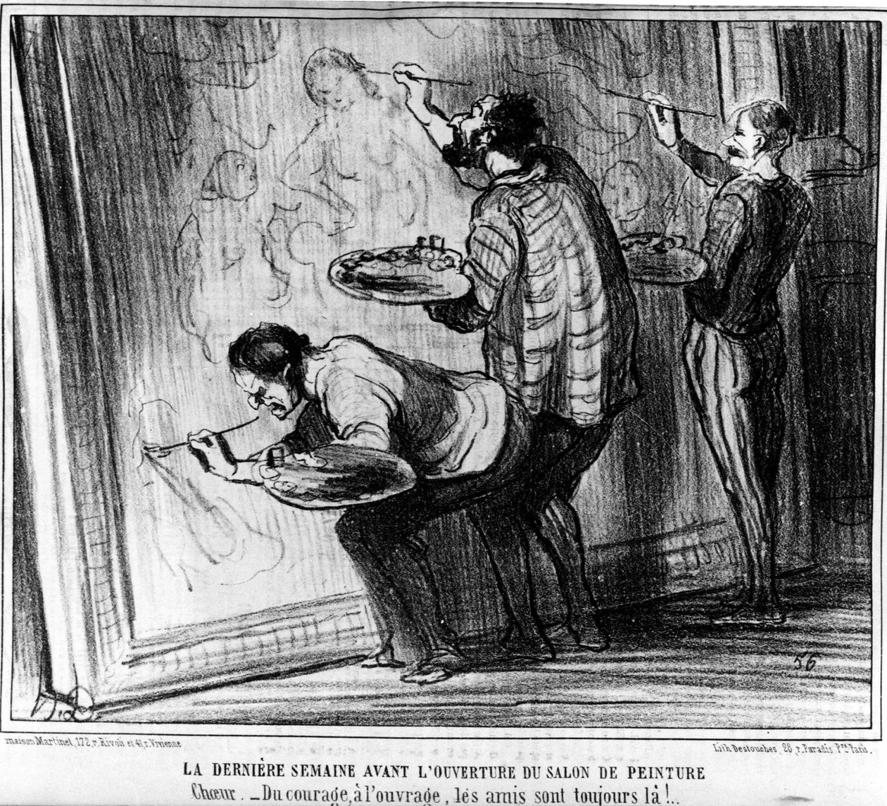Den sidste uge før åbningen af Salon de Peinture. Choughtness -Fra mod til arbejde, venner er der altid!.... , fra "Malerier og saloner", tegneserie af Honore Daumier (1808-1879). "Charivari" af Honoré Daumier
