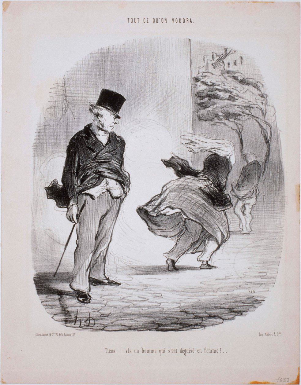 Uanset hvad vi vil- Her ... Her kommer en mand, der forklædte sig som en kvinde ... af Honoré Daumier