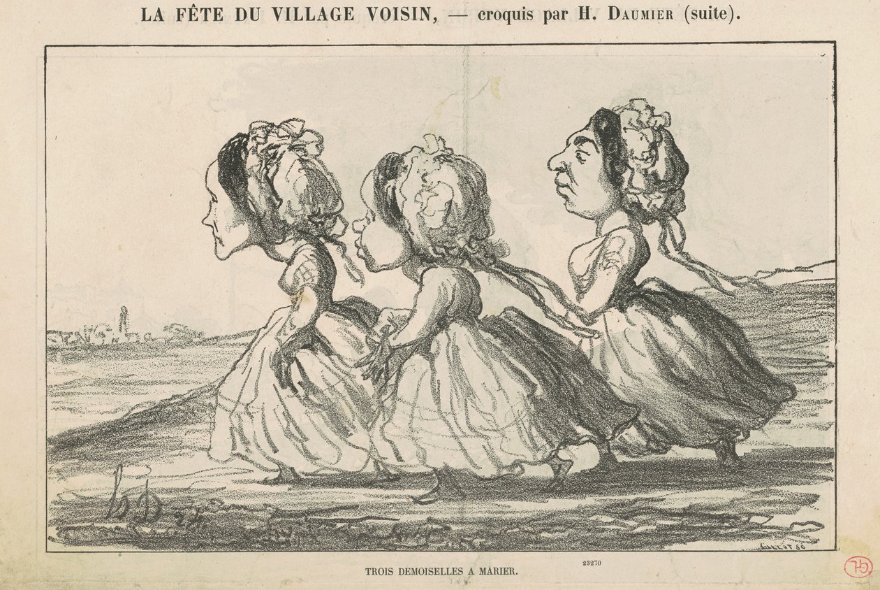 Tre brudepiger; Borgerlig familie overbevist ... af Honoré Daumier