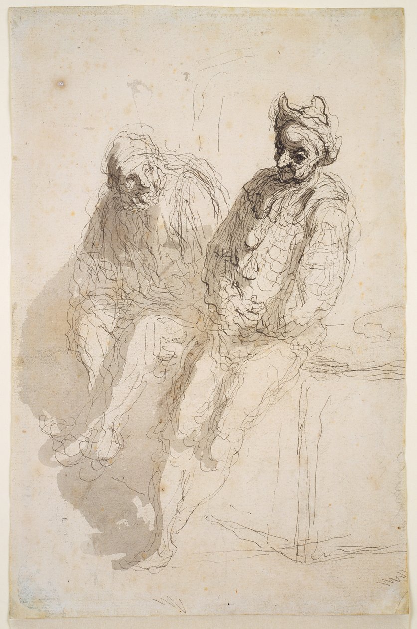 To Saltimbanques, ca. 1865-73 (sort-grå blæk, grå vaske på papir) af Honoré Daumier