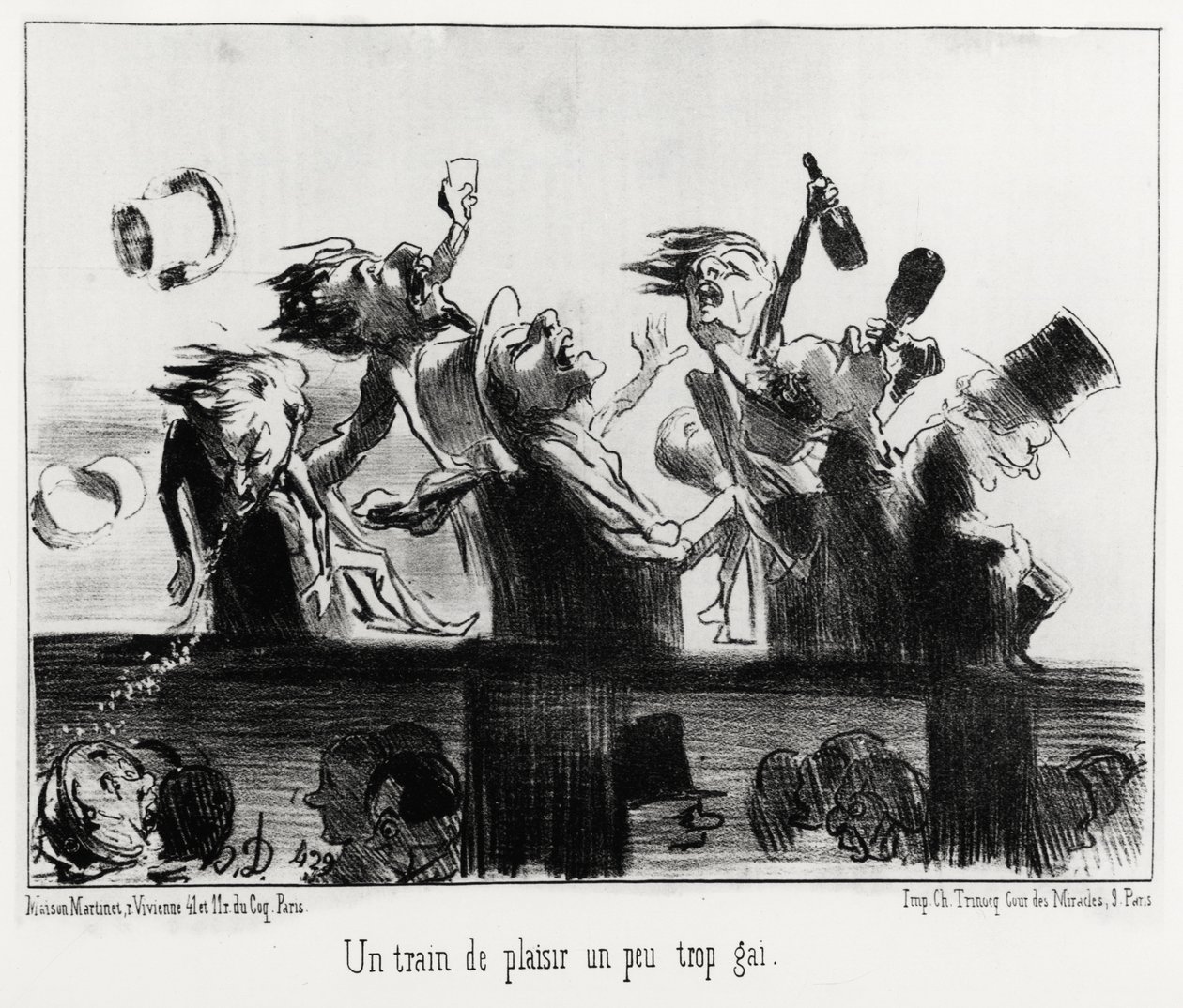 Et tog af fornøjelse lidt for homoseksuel, i serien Les Chemins de fer, illustration af Honore Daumier (1808-1879), udgivet i "Charivari", dateret 20. august 1852. af Honoré Daumier