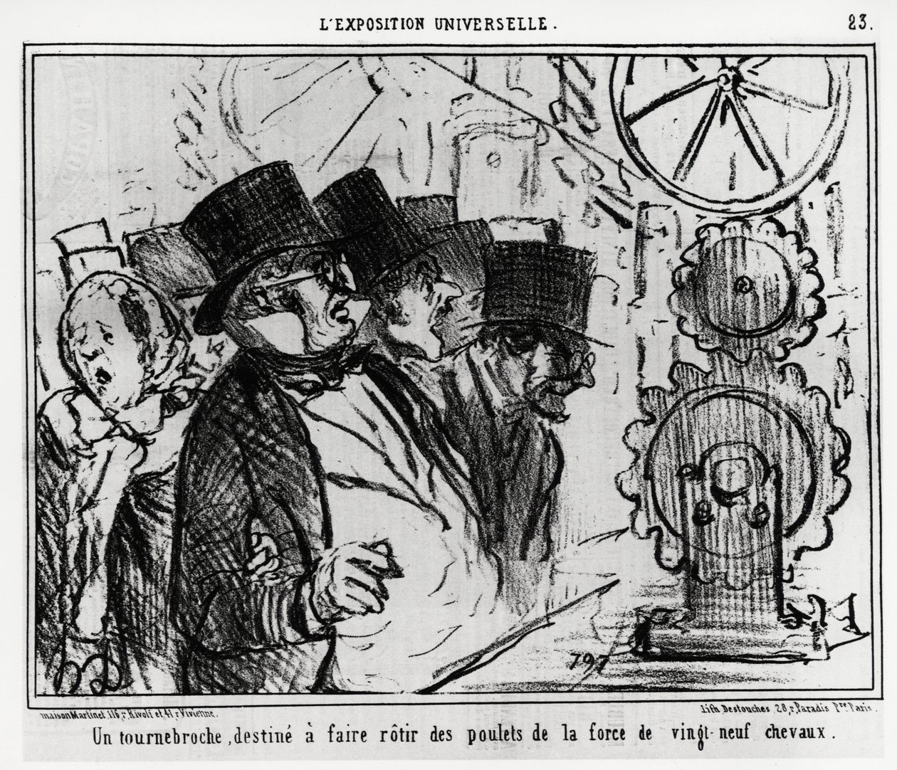 Universel udstilling: en drejeskive designet til at stege kyllinger med styrken på niogtyve heste. Illustration af Honore Daumier (1808-1879), offentliggjort i nyhederne, "" Charivari", dateret 20. juli 1855. af Honoré Daumier