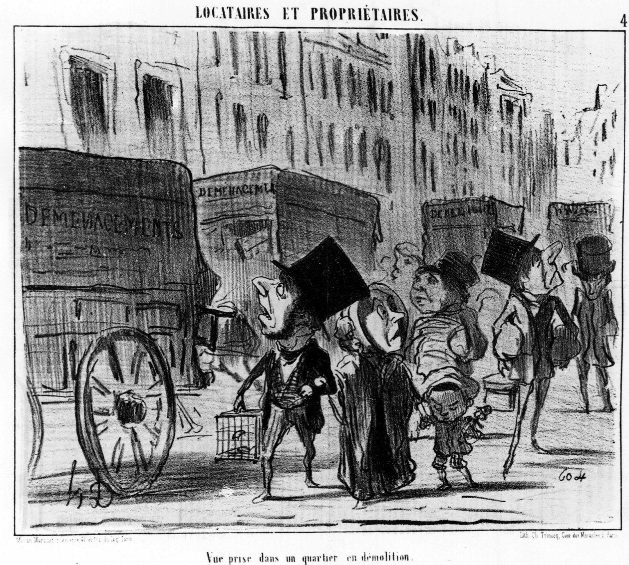 Udsigt taget i et nedrivningskvarter, taget fra "" Tenants et Proprietaires", tegneserieserie af Honore Daumier (1808-1879). “Charivari” af Honoré Daumier