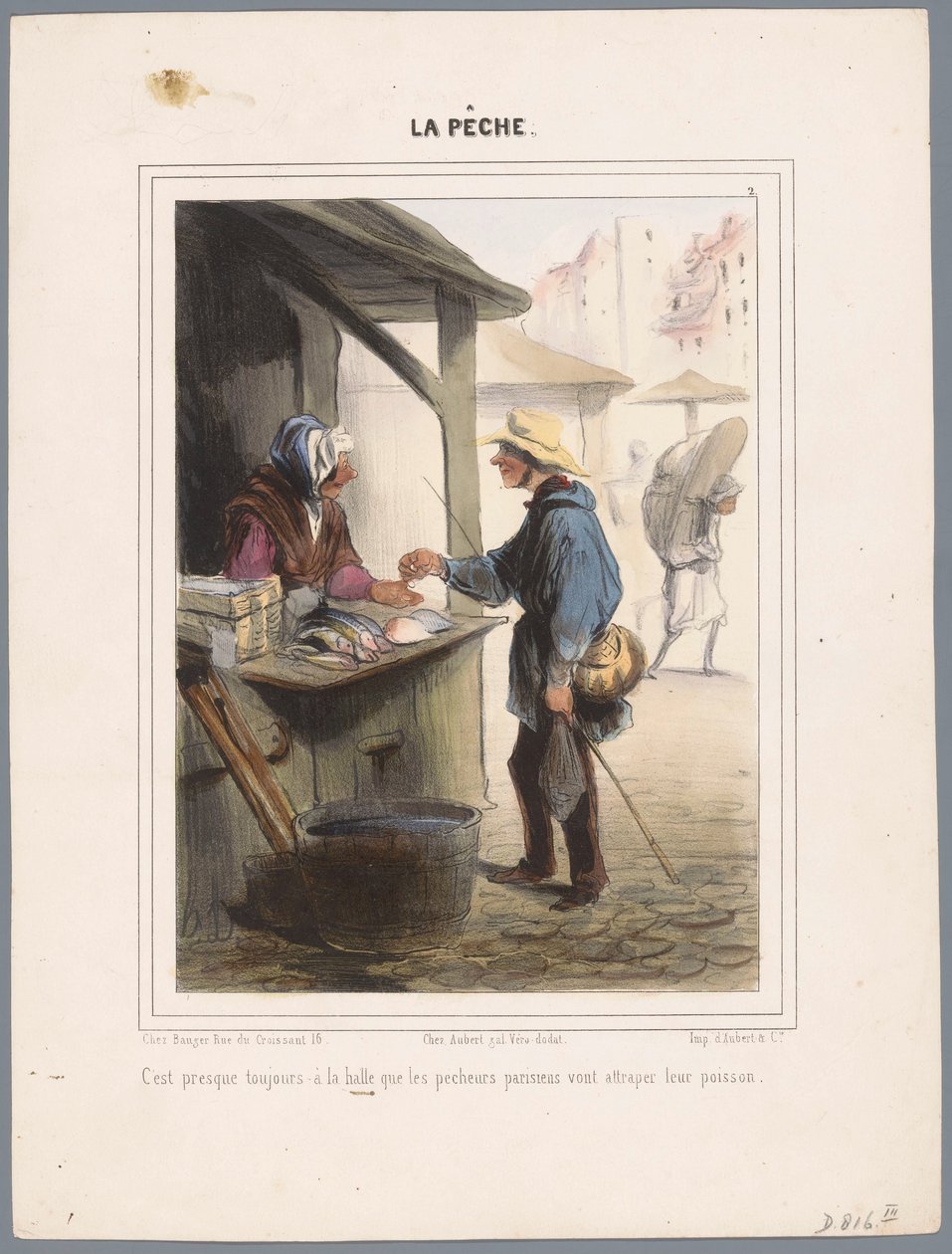 Visser koopt vis in de markthal Det er næsten altid på markedet (...) (titel på objekt) Vissers (serietitel) Fiskeri (serietitel på objekt) af Honoré Daumier