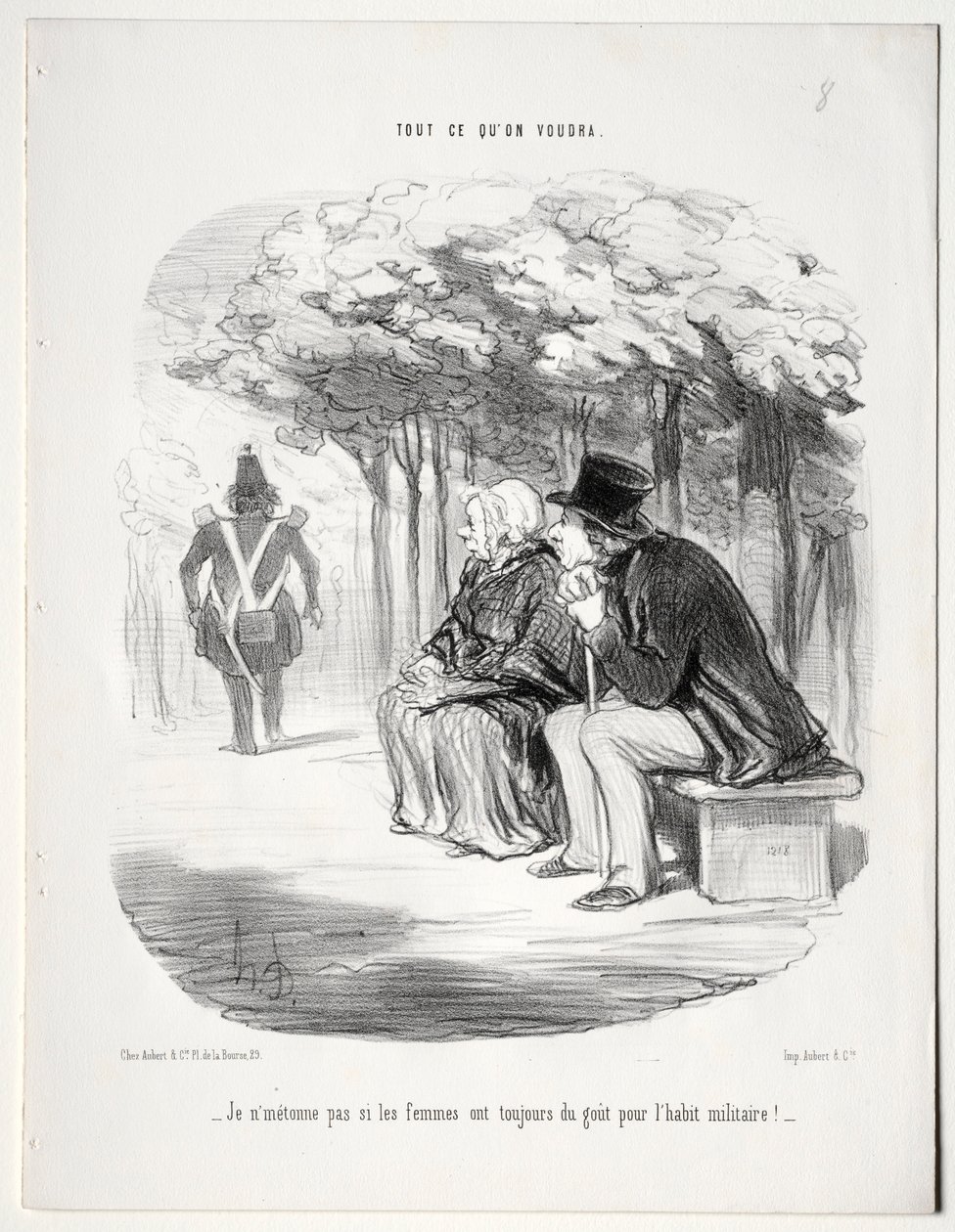 Hvad du vil, plade 51: Jeg undrer mig ikke over, at kvinder altid er glade for militæruniformen, 1848. af Honoré Daumier