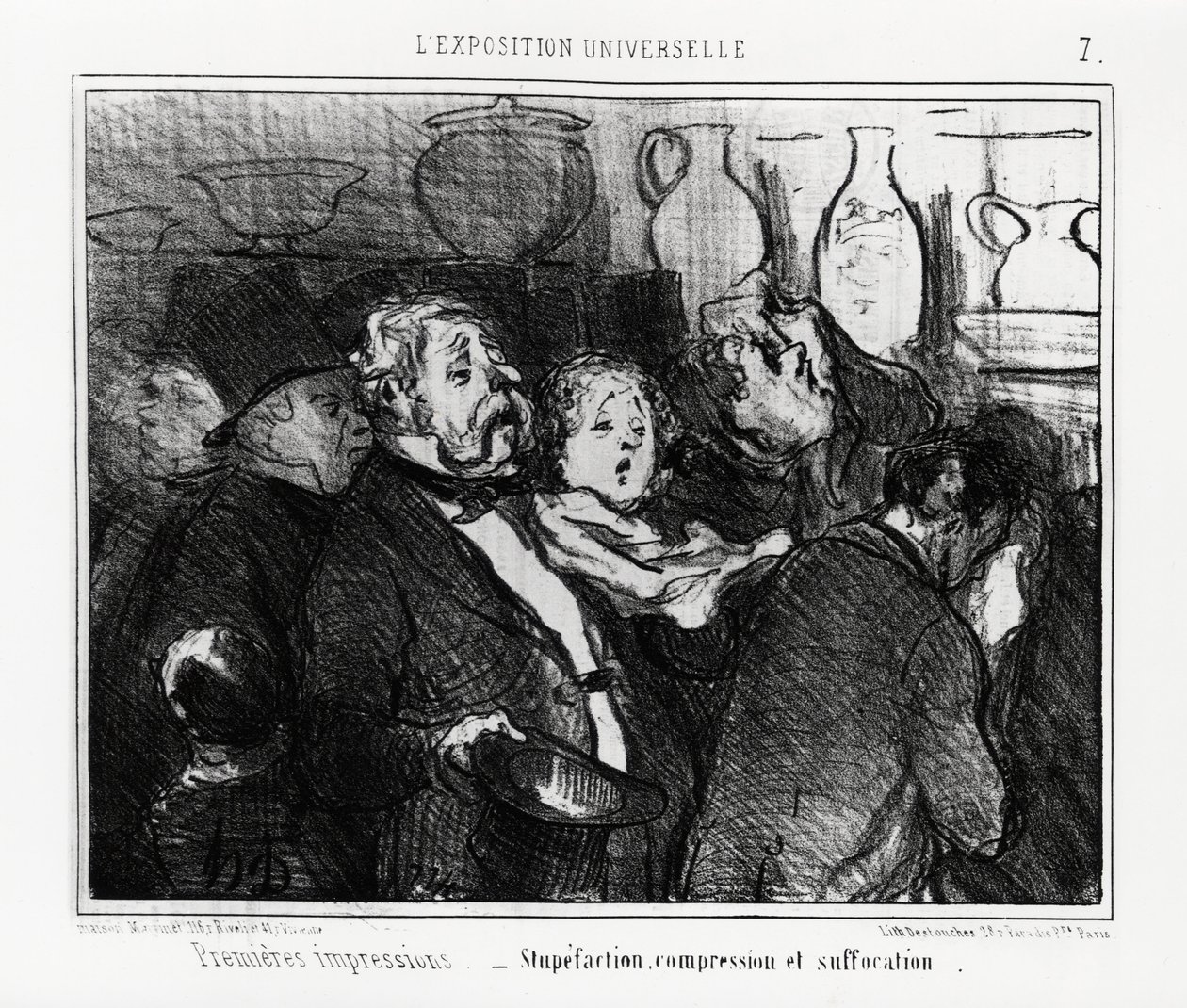 Verdensudstilling: første indtryk: forbløffelse, kompression og kvælning. Illustration af Honore Daumier (1808-1879), offentliggjort i nyhederne, "" Charivari", dateret 24. maj 1855. af Honoré Daumier