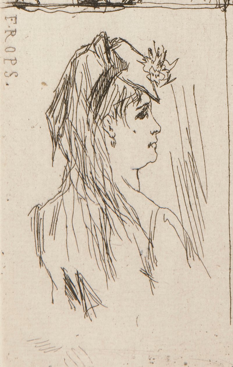 en. Head of an Old Man af Daumier (øverst til venstre); b. Chez Charles Beriot af Taiee (øverst i midten); c. Hoved af en ung kvinde af Rops (øverst til højre); d. Flodlandskab ved Harpignies (nederst i midten); e. Profil af en ung kvinde af Honoré Daumier
