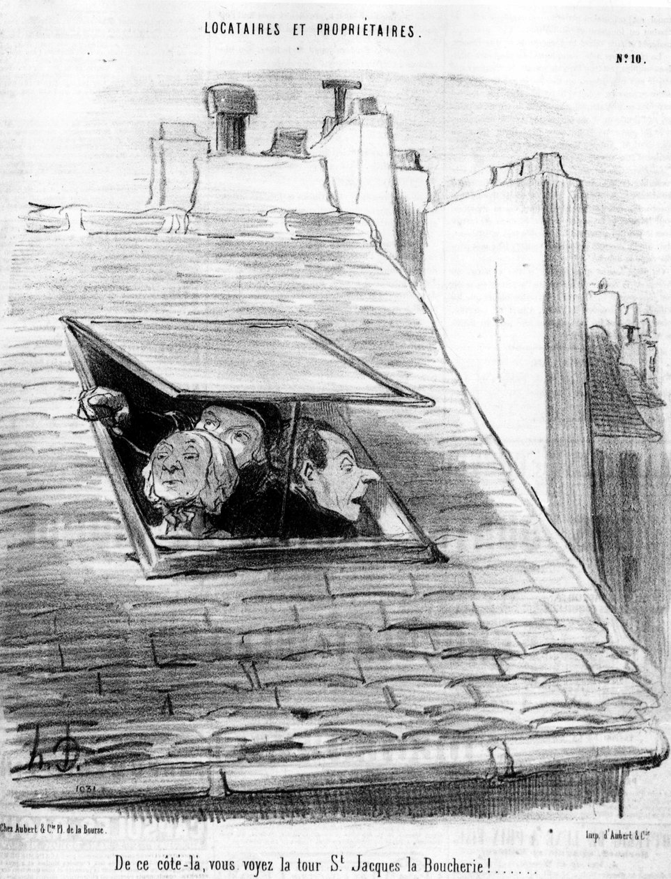 Fra denne side ser du St. Jacques Tower The Boucherie! ..., hentet fra “” lejere et ejere ”, tegneserieserie af Honore Daumier (1808-1879). “Charivari” af Honoré Daumier