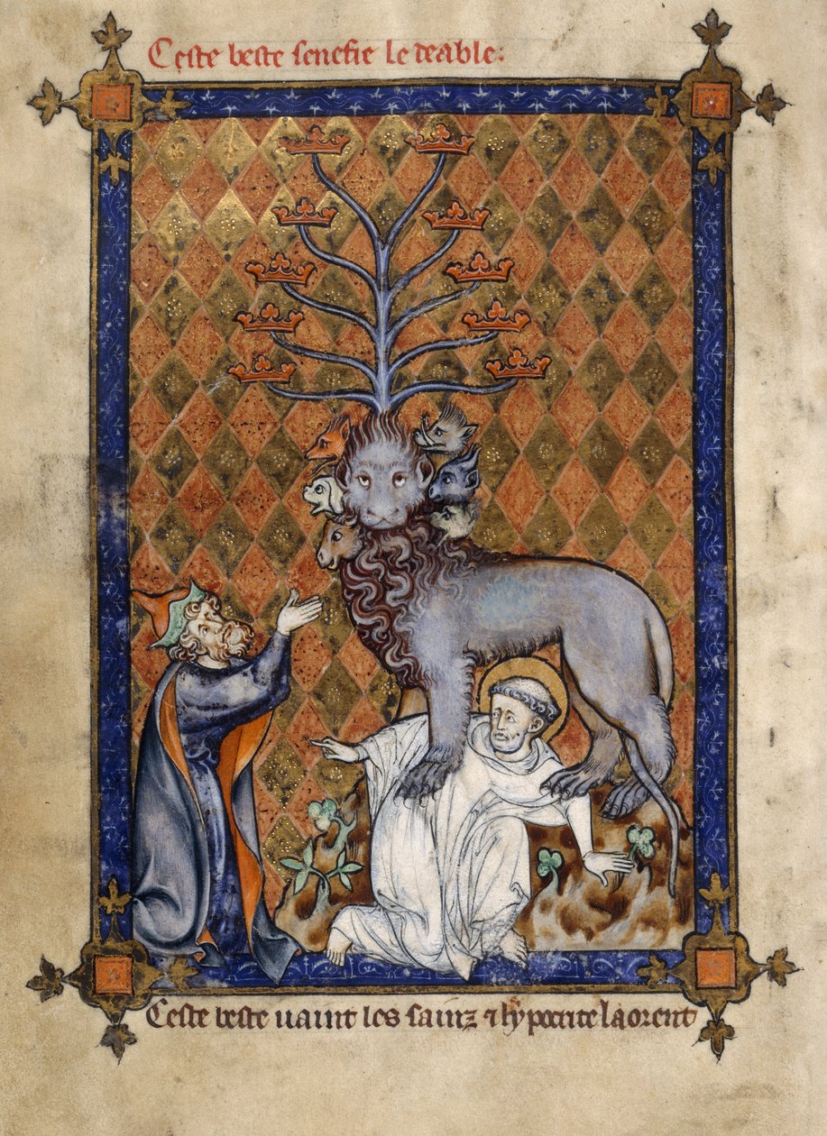 Tilføje. 54180, f.14v The Beast of the Apocalypse, trampende en helgen og tilbedt af en knælende hykler, illustration fra 