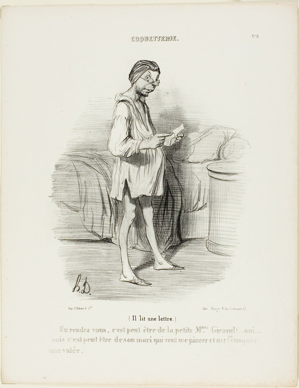 (Han læser et brev) "En date, kunne det være fra den søde Mme Giraud Ja, men det kunne også være fra hendes mand, som gerne vil knibe mig...", plade 8 fra Coquetterie af Honoré Victorin Daumier