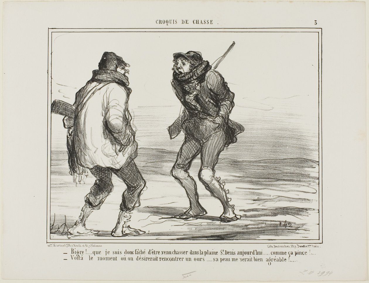 "- Brrrr! Jeg er rasende over, at jeg kom her for at jage på St. Denis-sletten. Det er bare for koldt!... - En af de dage, hvor man ville elske at fange en bjørn. Hans pels ville være mere end velkommen lige nu!", plade 3 fra Croquis De Chasse af Honoré Victorin Daumier