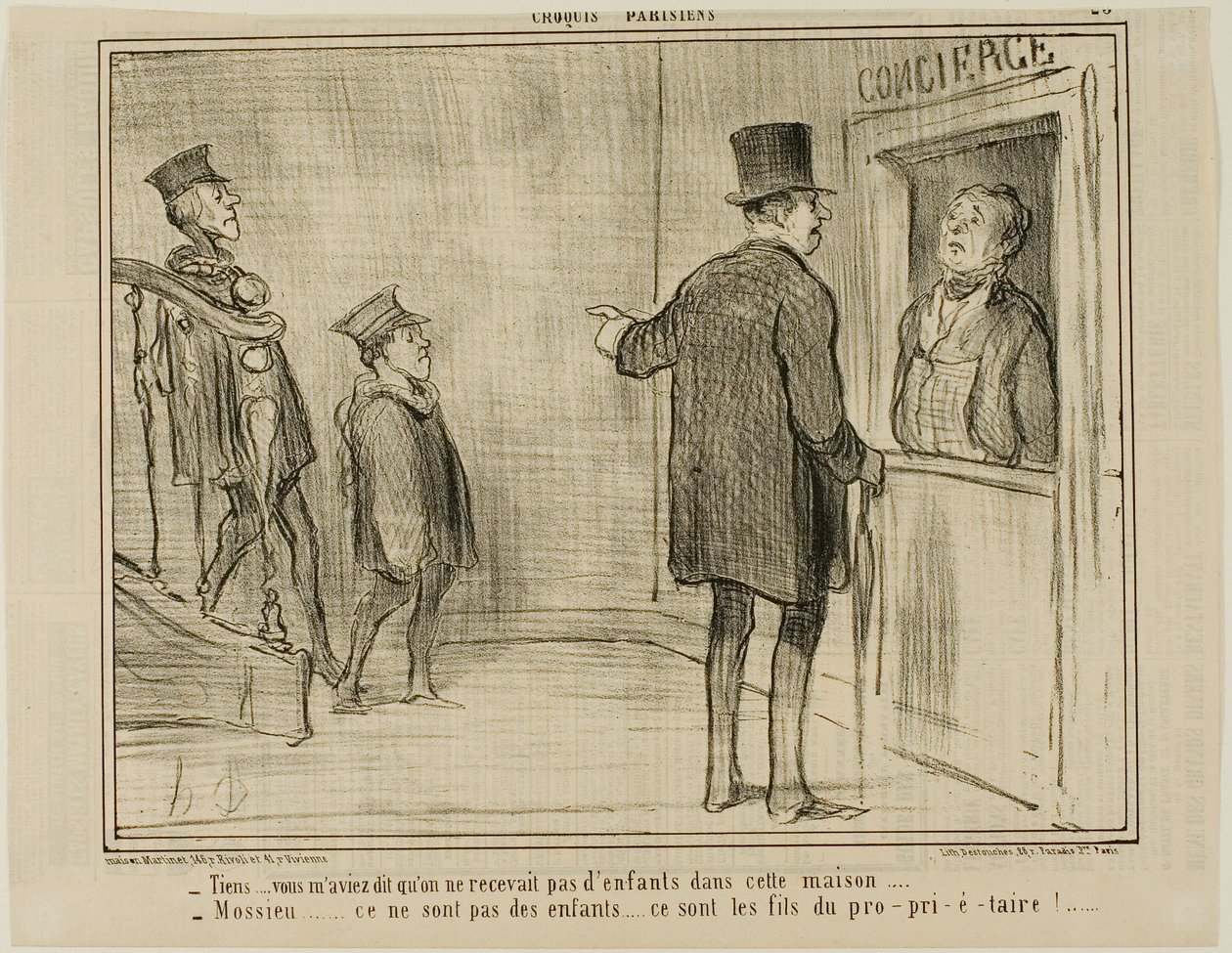 "- Men du fortalte mig, at børn ikke er tilladt i dette hus... - Sir, det er ikke børn... det er ejerens sønner!...," plade 23 fra Croquis Parisiens, - par Daumier af Honoré Victorin Daumier
