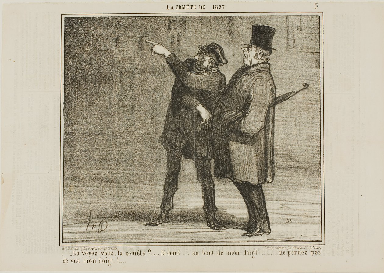 "- Kan du se kometen ... lige der, på min fingerspids ... tab ikke min fingerspids af syne!", plade 5 fra La Comète De 1857 af Honoré Victorin Daumier