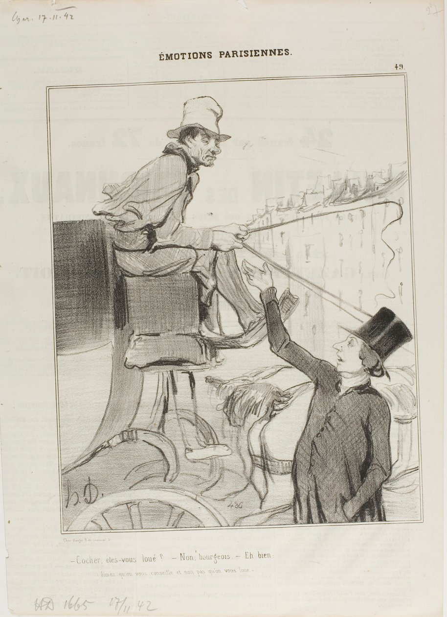 "- Kusk, er du booket - Nej, borger. - Nå, men så..: "vil du hellere acceptere at blive rådgivet end at blive lejet ud"," plade 49 fra Émotions Parisiennes af Honoré Victorin Daumier
