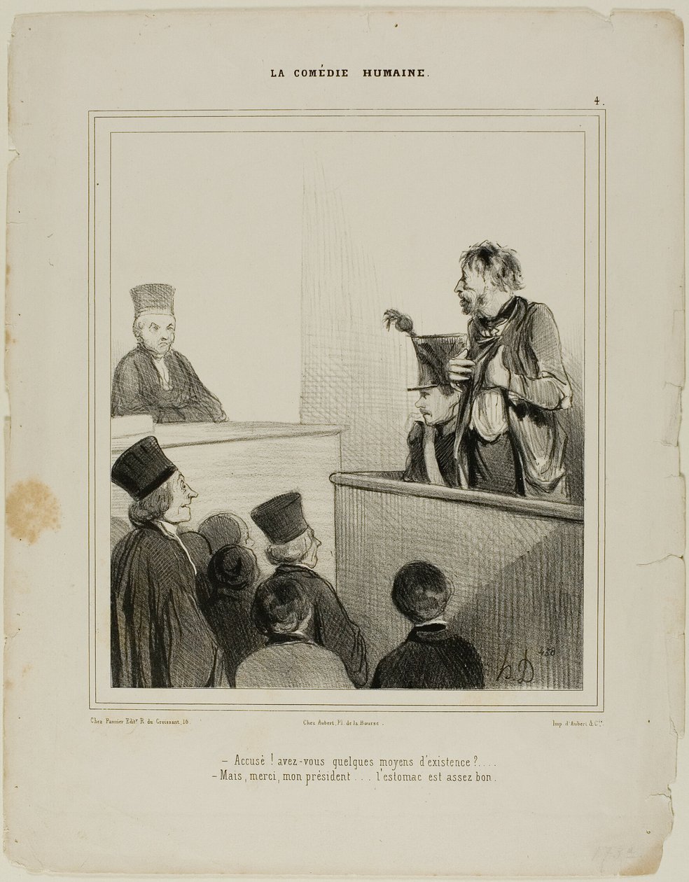 "- Tiltalte! Har du nogen midler til at leve for - Tak, hr. præsident.... Jeg har en ganske god mave," plade 4 La Comédie Humaine af Honoré Victorin Daumier
