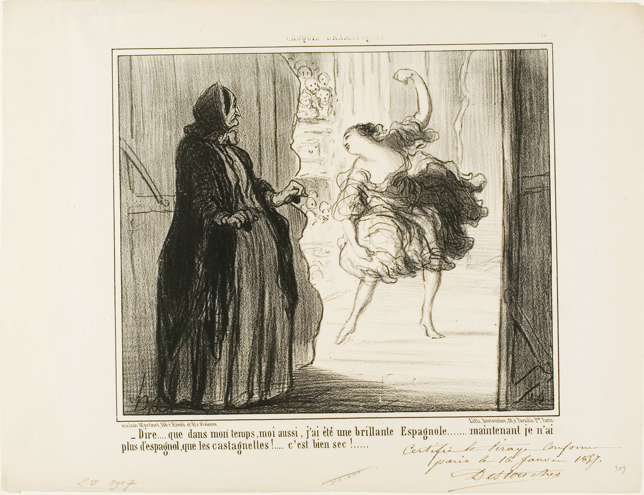 "- Det er svært at forestille sig, at jeg i mine dage også var en anerkendt spansk danser ... i dag er kun mine kastagnetter spanske ... hvor er det ærgerligt ...", plade 11 fra Croquis Dramatiques af Honoré Victorin Daumier
