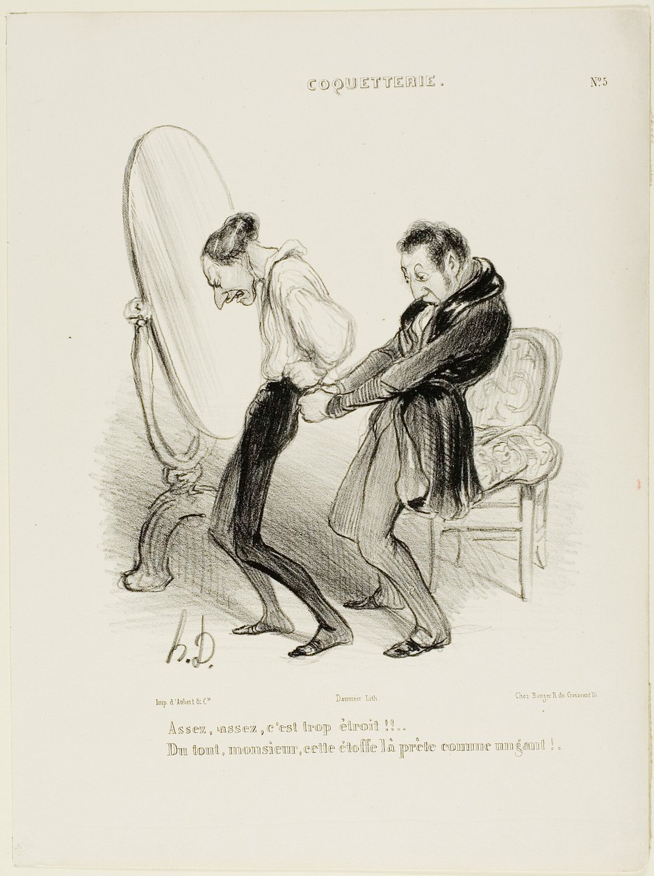 "- Nok, nok, det er alt for stramt!!! - Men slet ikke, Monsieur, dette stof passer dig som fod i hose!", plade 5 fra Coquetterie af Honoré Victorin Daumier