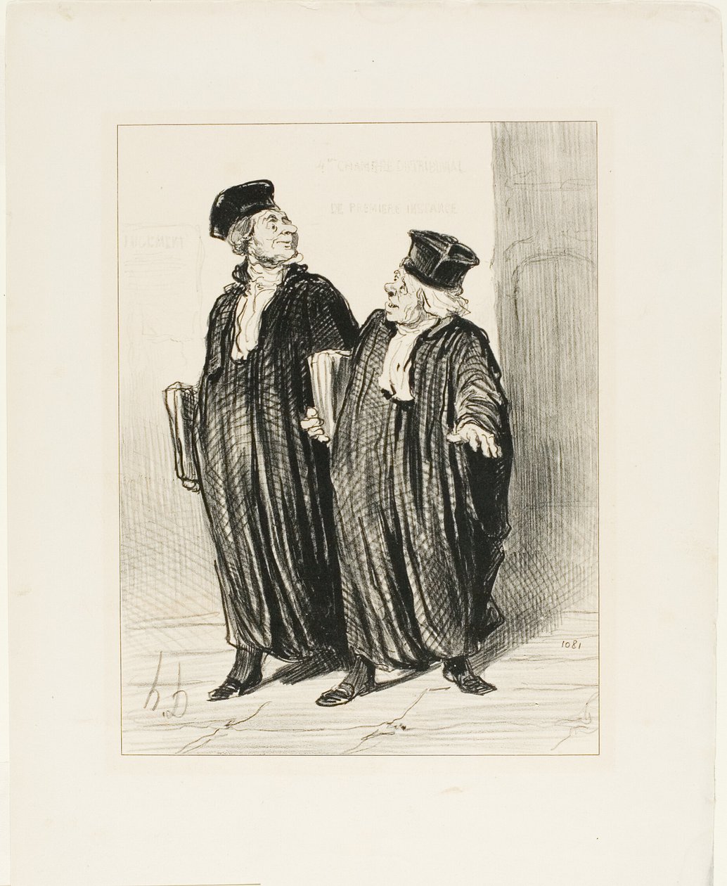 "- Endelig opnåede vi en deling af formuen mellem mand og kone ... - på et tidspunkt var der ikke flere penge tilbage at dele," planche 3 fra Les Avocats Et Les Plaideurs af Honoré Victorin Daumier