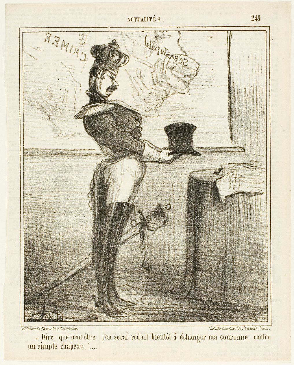 "- Det er svært at forestille sig, at jeg en dag måske skal bytte min krone ud med en simpel hat," plade 249 fra Actualités af Honoré Victorin Daumier