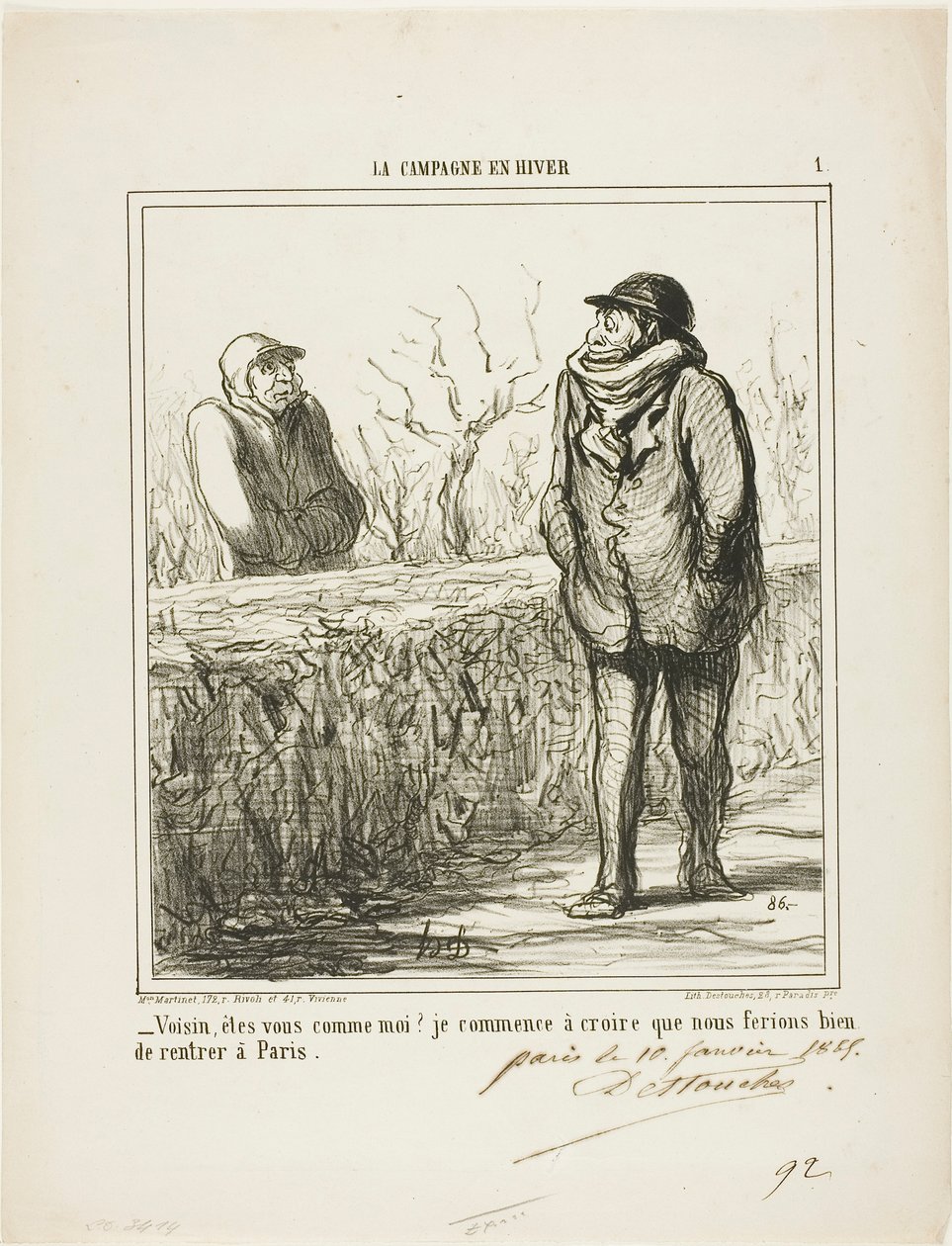 "- Hej, nabo, er du ligesom mig Jeg begynder at tro, at vi ville have godt af at vende tilbage til Paris," planche 1 fra La Campagne En Hiver af Honoré Victorin Daumier