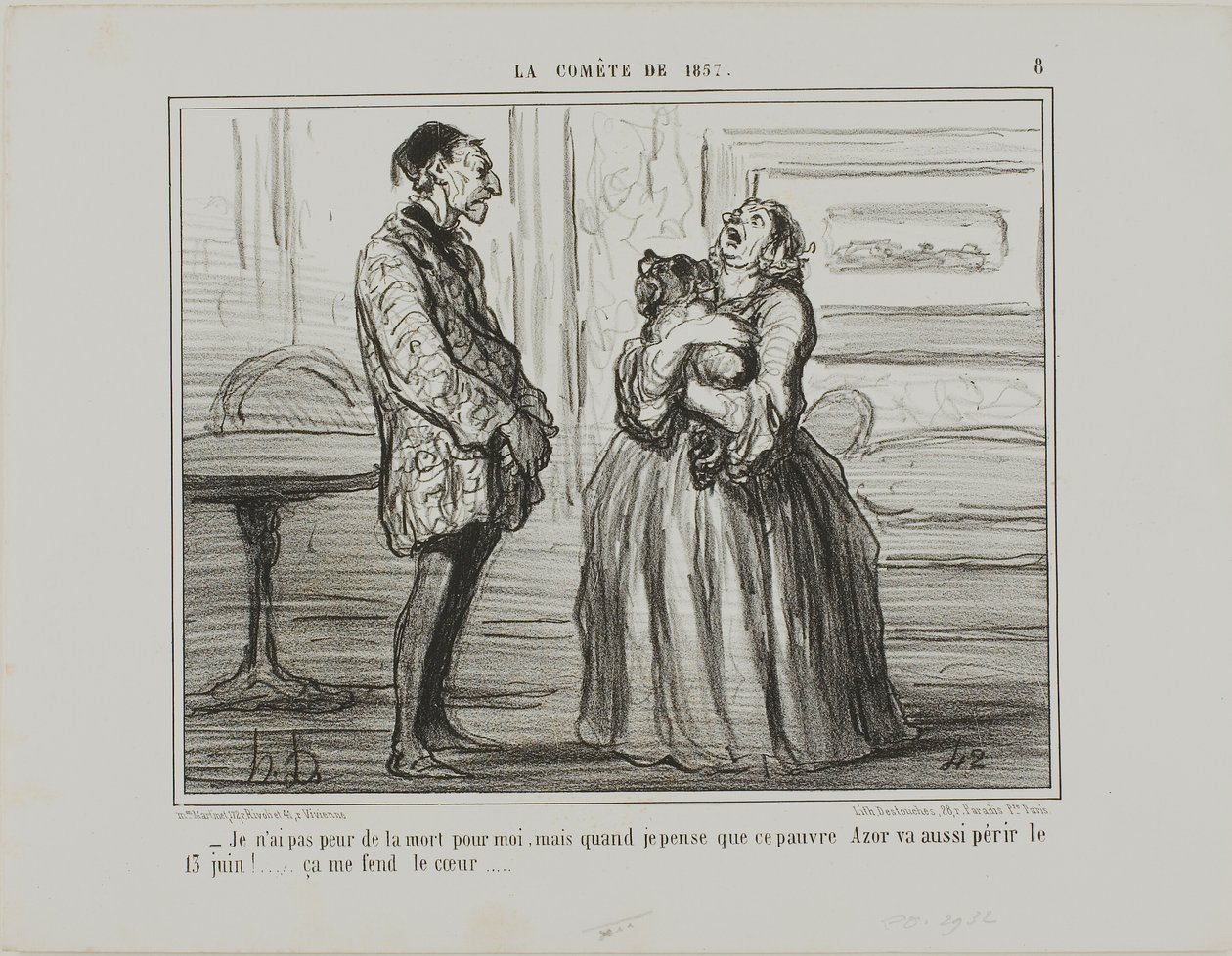 "- Jeg er ikke bange for mig selv, men hvis jeg tænker på stakkels Azor, der vil omkomme den 13. juni ... knuser det simpelthen mit hjerte," planche 8 fra La Cométe De 1857 af Honoré Victorin Daumier