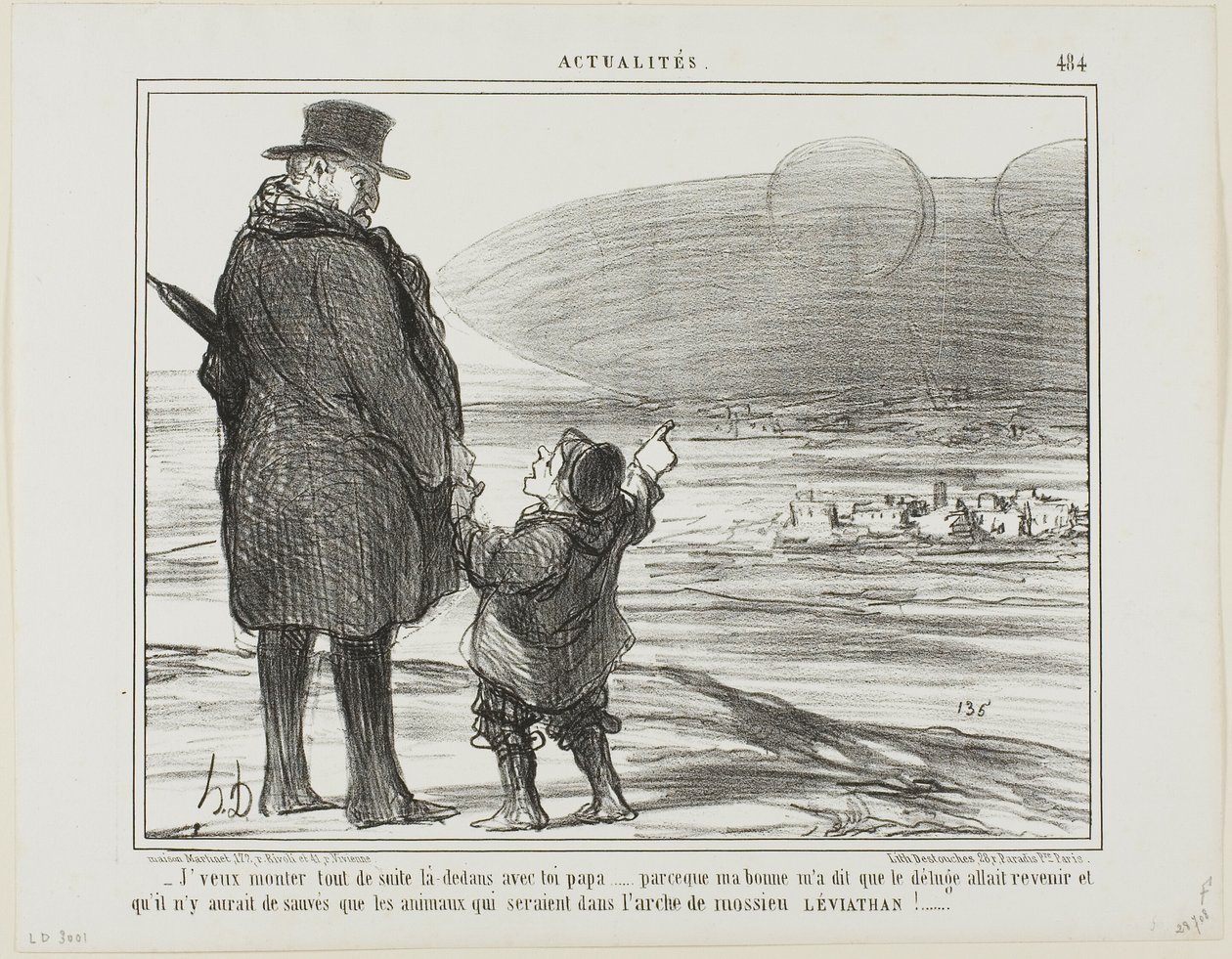 "- Jeg vil straks med dig på dette skib, far, min barnepige sagde, at syndfloden vil komme igen, og de eneste, der vil blive reddet, vil være dyrene på hr. Leviathans ark!", plade 484 fra Actualités af Honoré Victorin Daumier