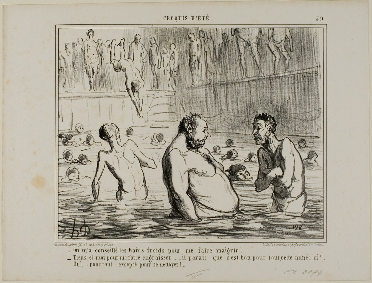 "- Jeg fik at vide, at jeg skulle gå i koldbadet for at tabe mig. - Du siger ikke, at jeg lige har fået det modsatte at vide. - Måske er de gode til alt i år! - Sandt for alt, undtagen renlighed," plade 39 fra Croquis D