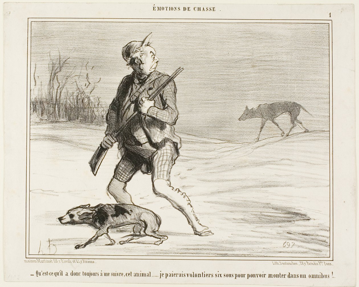 "- Jeg undrer mig over, hvorfor dette bæst følger efter mig hele tiden... Jeg betaler gerne 6 sous for at hoppe på en bus," plade 1 fra Émotions De Chasse af Honoré Victorin Daumier