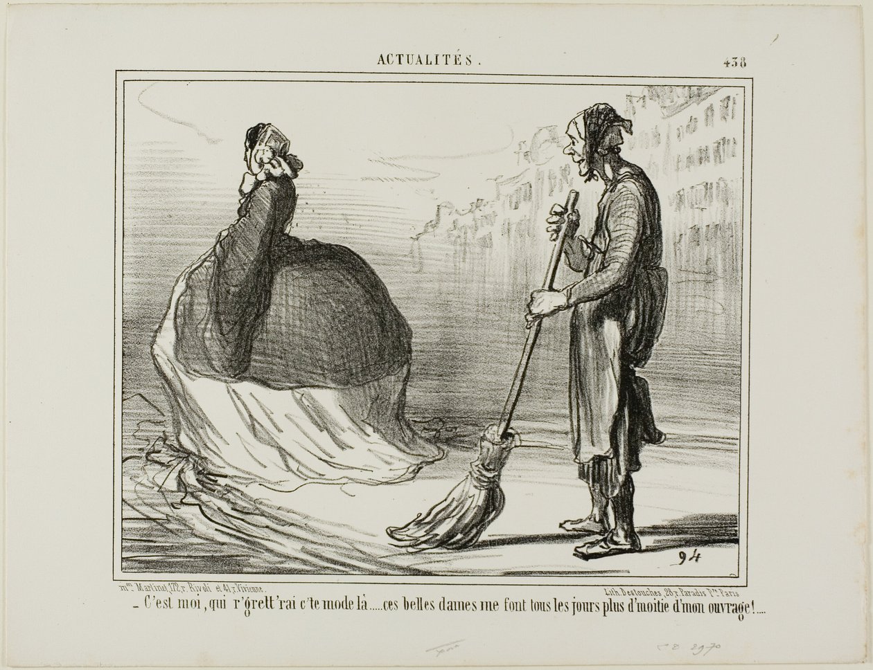 "- Jeg ville være ked af, hvis denne mode en dag gik af mode ... disse damer gør halvdelen af mit arbejde!", plade 438 fra Actualités af Honoré Victorin Daumier