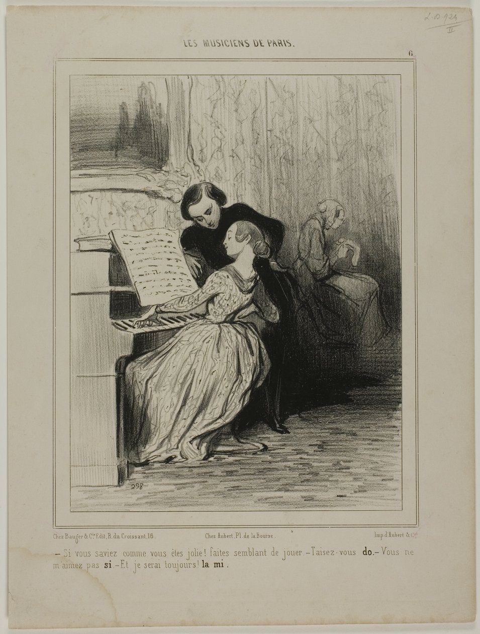 "- Hvis du bare vidste, hvor smuk du er!... Lad som om du leger! - Stop det... DO - Du elsker mig ikke!...SÅ - jeg vil altid være din. ... MI," plade 6 fra Les Musiciens De Paris af Honoré Victorin Daumier