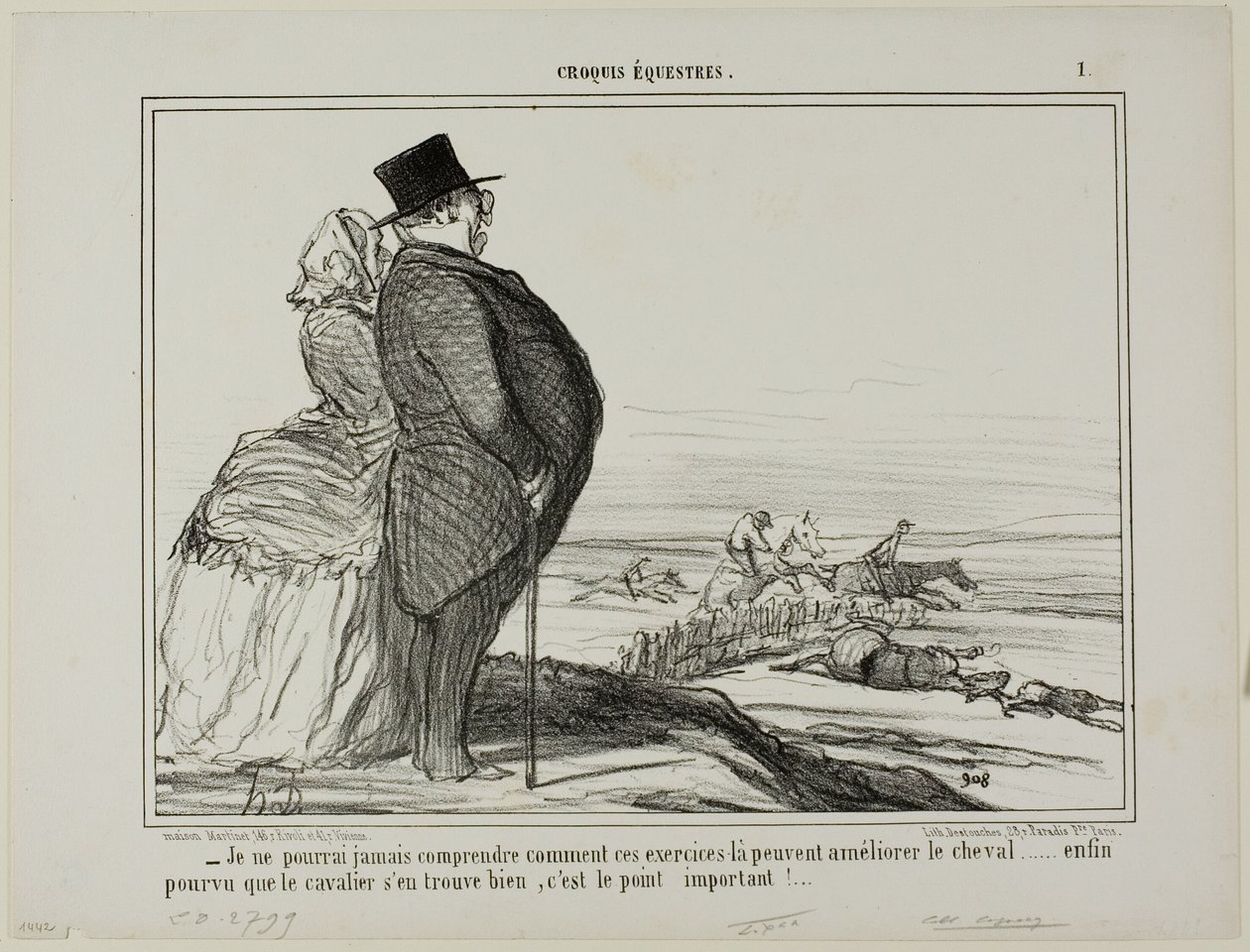 "- Jeg kommer aldrig til at forstå, hvordan disse øvelser skal forbedre en hests tilstand.... det eneste, der virkelig tæller, er, at rytteren har det godt," plade 1 fra Croquis Équestres af Honoré Victorin Daumier