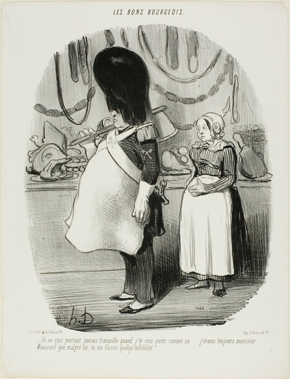 "- Jeg er aldrig rolig, når jeg ser dig gå ud på denne måde... Jeg er altid bange, Monsieur Moussard, for at De er vantro," plade 67 fra Les Bons Bourgeois af Honoré Victorin Daumier