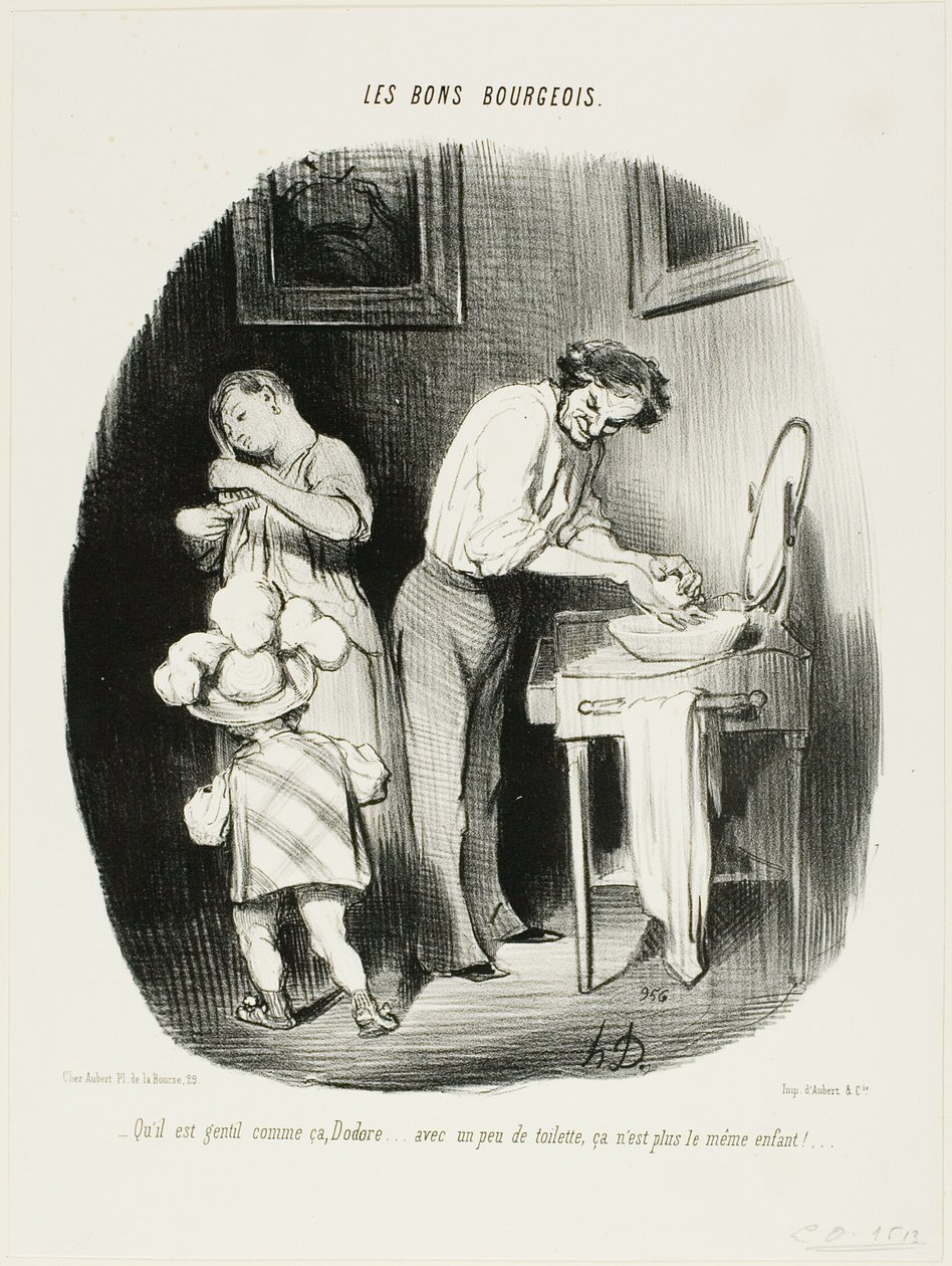 "- Er han ikke sød sådan, Dodore ... med lidt oprydning er han bare ikke det samme barn længere!...," plade 37 fra Les Bons Bourgeois af Honoré Victorin Daumier