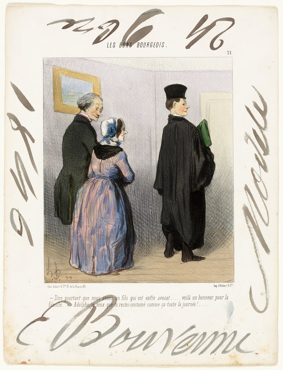 "- Er det ikke vidunderligt at have en søn, der er advokat ... hvilken ære for familien ... Adolph, jeg vil have, at du skal være klædt sådan hele dagen!...," plade 21 fra Les Bons Bourgeois af Honoré Victorin Daumier