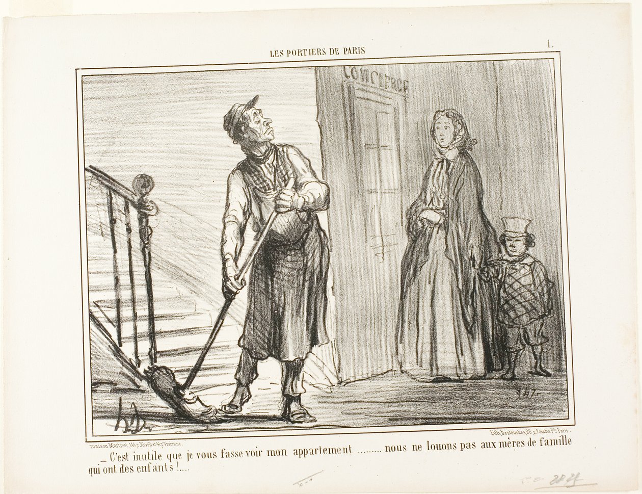 "- Det er nytteløst at vise dig min lejlighed. Vi lejer ikke ud til mødre med børn," planche 1 fra Les Portiers De Paris af Honoré Victorin Daumier