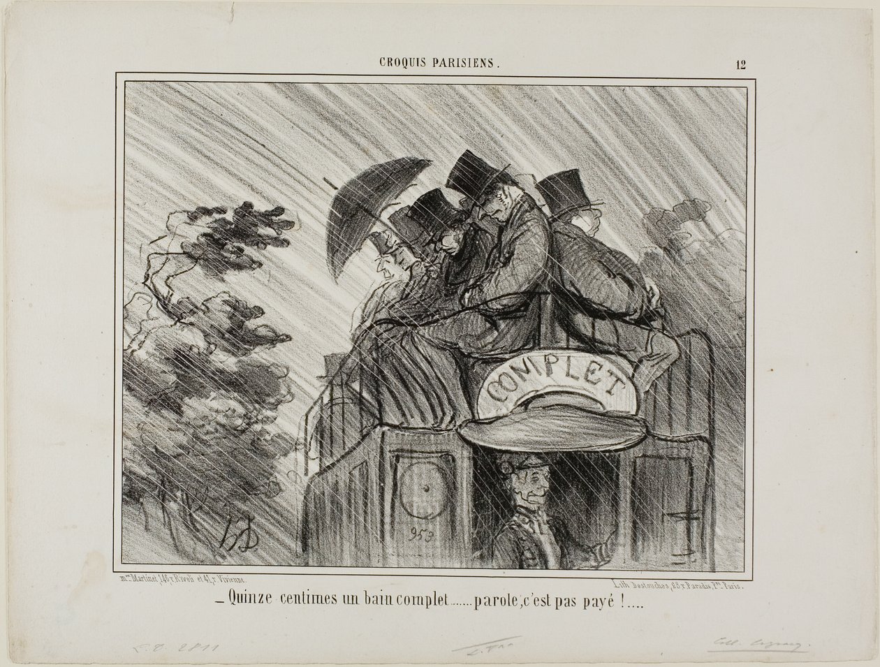"- Kun 15 cent for et helt bad.... sikke en handel!", plade 12 fra Croquis Parisiens af Honoré Victorin Daumier