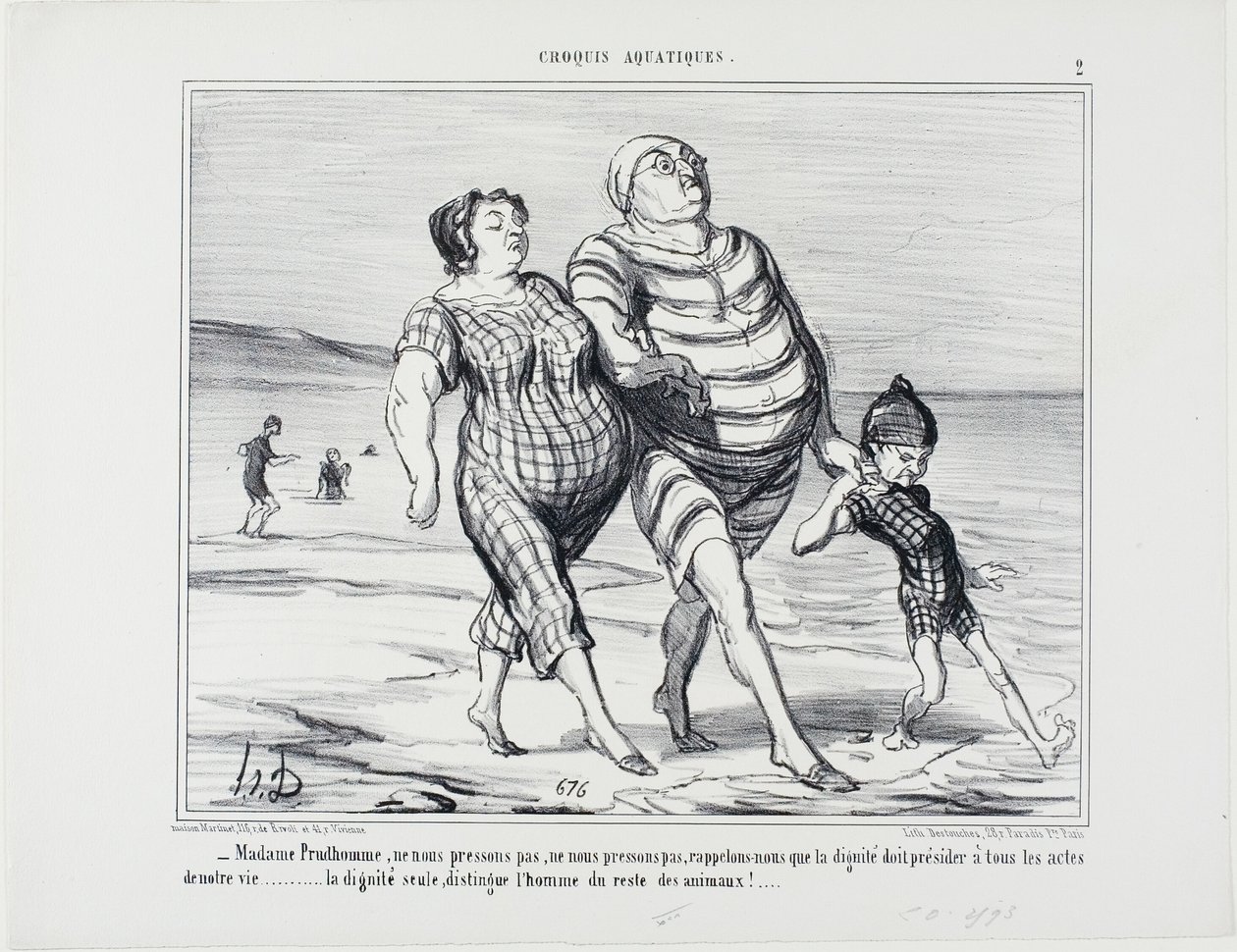 "- Madame Prudhomme, lad os ikke skynde os, lad os huske, at værdighed bør præge alle livets handlinger ... værdighed alene adskiller mennesket fra resten af dyrene," plade 2 fra Croquis Aquatiques af Honoré Victorin Daumier
