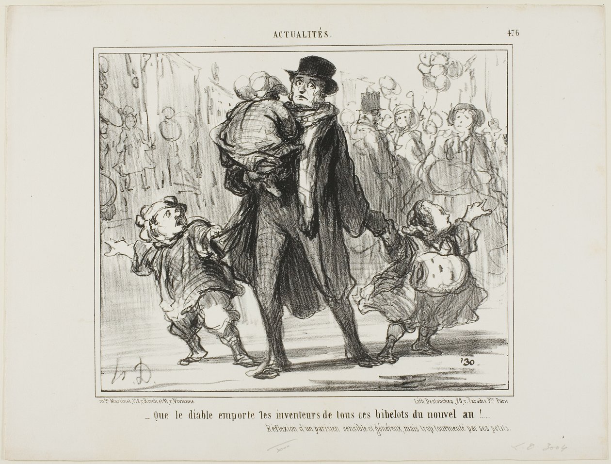 "- Måtte djævelen få fat i opfinderen af alle disse nytårsgaver!" Refleksion af en følsom, generøs, men plaget parisisk far, plade 476 fra Actualités af Honoré Victorin Daumier