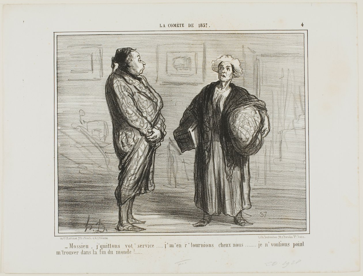 "- Monsieur, jeg forlader Deres tjeneste, jeg tager hjem. Jeg vil ikke være her, når verden går under", planche 4 fra La Cométe De 1857 af Honoré Victorin Daumier