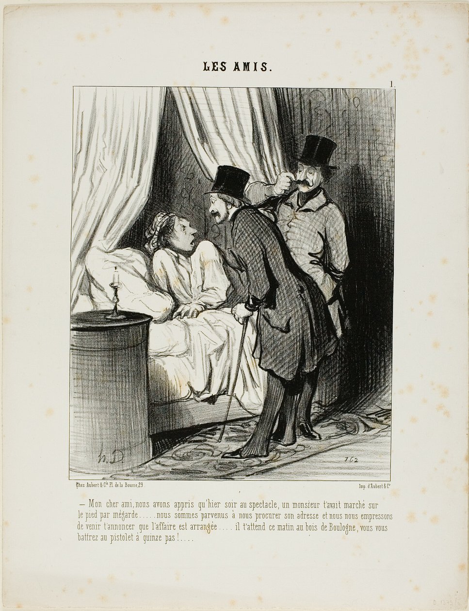 "- Min kære ven, vi hørte i går på teatret, at en herre uforvarende har trådt på din fod.... Vi er kommet for at få hans adresse, og vi er ivrige efter at meddele, at sagen er ordnet.... Han venter på dig her til morgen i Bo af Honoré Victorin Daumier