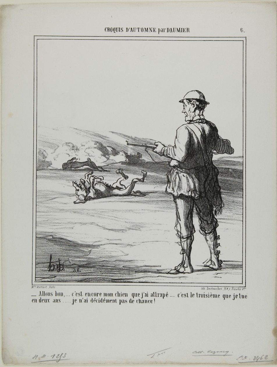 "- Åh gud! .... det er igen min egen hund, jeg har skudt..... det er den tredje på to år.... Jeg er virkelig ikke særlig heldig til at jage!", plade 6 fra Croquis D