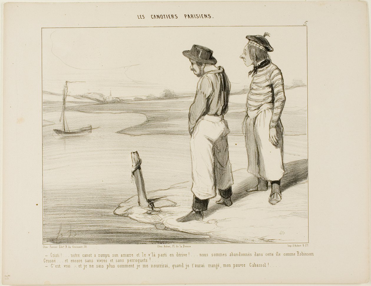"- Vores båd har sluppet ankeret og er drevet væk.... vi sidder fast på denne ensomme ø som Robinson Crusoe... og uden noget at spise og ingen papegøje... - Det er sandt.... og jeg ved virkelig ikke, hvad jeg skal spise, når jeg først har fortæret dig, sta af Honoré Victorin Daumier