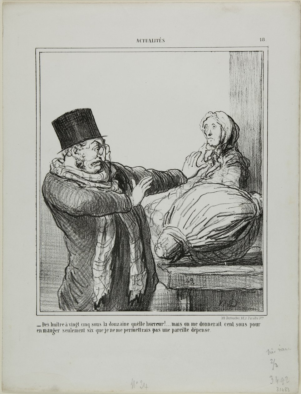 "- Østers til 25 sous pr. dusin, forfærdeligt!... Selv hvis du gav mig 100 sous for at spise et halvt dusin, ville jeg ikke tillade mig en sådan udgift", plade 18 fra Actualités af Honoré Victorin Daumier