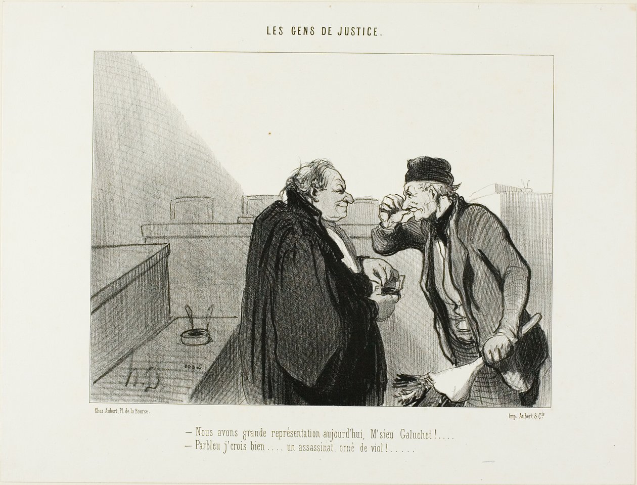 "- Det burde blive en god forestilling i dag, hr. Galuchet... - Det skulle jeg mene... En mordsag med en voldtægt oveni...", plade 31 fra Les Gens De Justice af Honoré Victorin Daumier