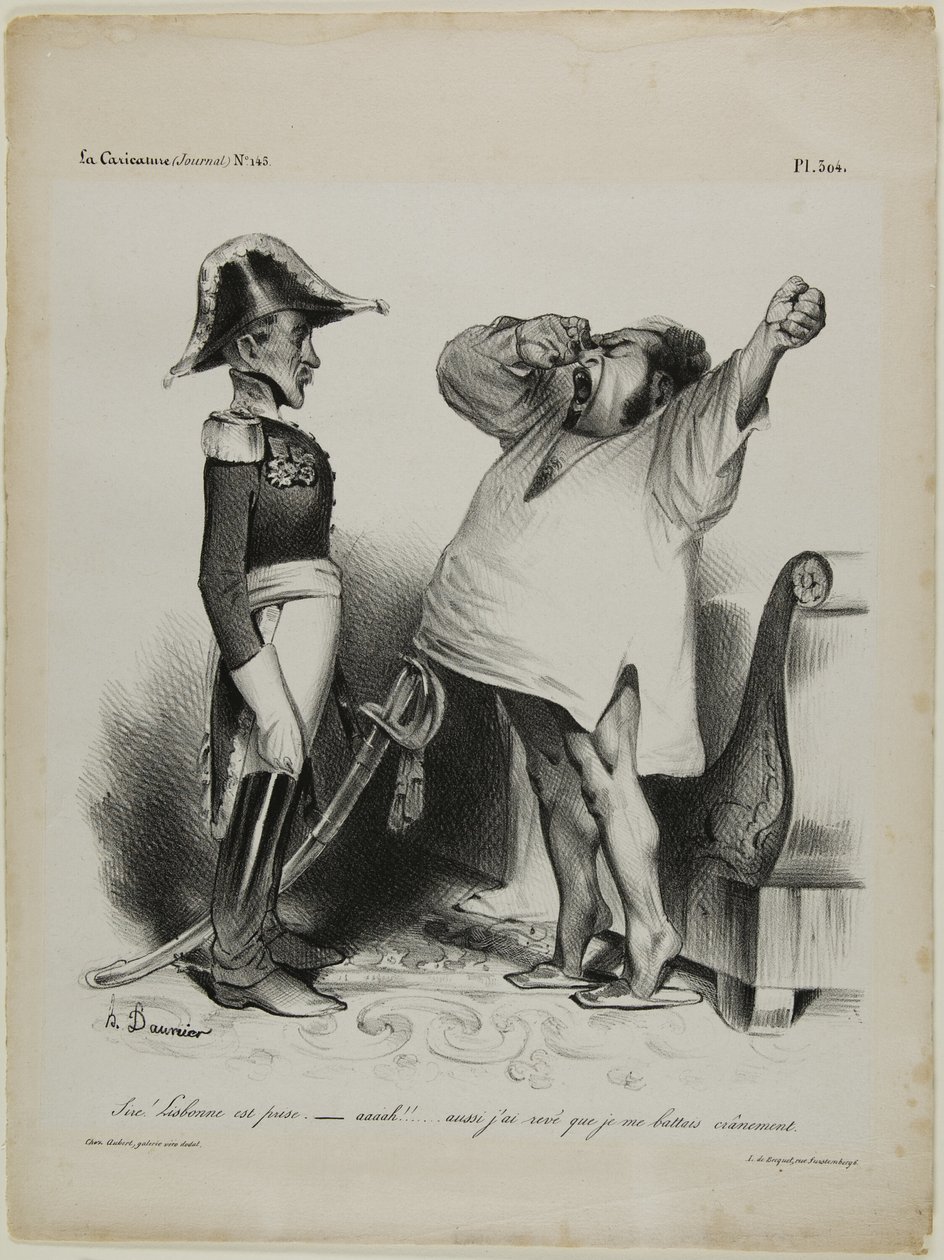 "- Herre! Lissabon er blevet erobret. - aaaah!!! ... og jeg drømte, at jeg havde kæmpet modigt!", plade 304 af Honoré Victorin Daumier