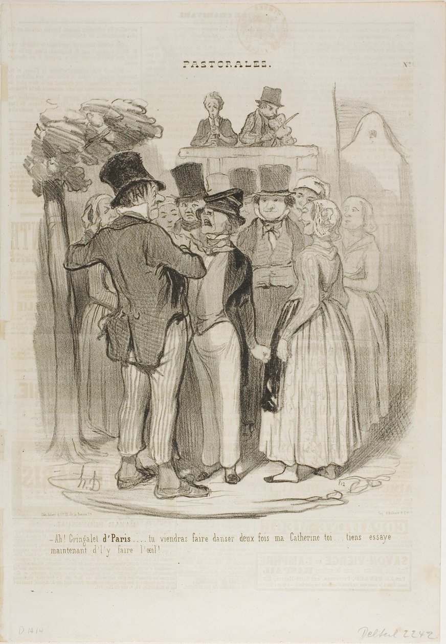 "- Så, Gringalet fra Paris!.... du vil danse to gange med min Catherine ...... prøv nu igen at lave fåreøjne på hende," plade 27 fra Pastorales af Honoré Victorin Daumier
