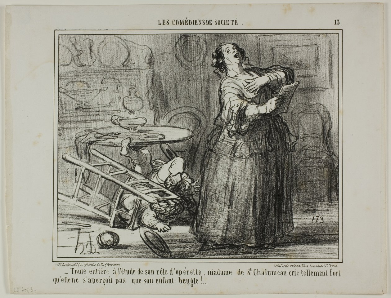 - Chalumeau er optaget af sin operetterolle og råber så højt, at hun ikke lægger mærke til sit barns brølen, planche 13 fra Les Comédiens De Société af Honoré Victorin Daumier