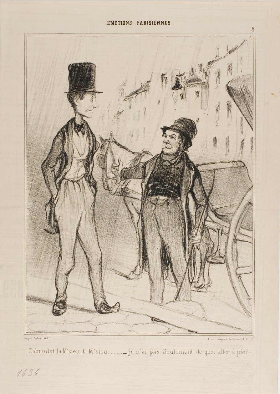 "- Taxi Monsieur Taxa - Jeg har ikke engang nok til at gå," plade 8 fra Émotions De Parisiens af Honoré Victorin Daumier